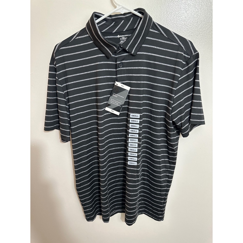 Members Mark Mens Active Performance Polo Shirt Black Grey Stripe Small NWT